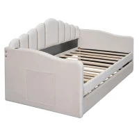Twin Upholstered Daybed with Trundle and 2 USB Charging Ports, Velvet Sofa Bed with Side Storage Pockets, 80'' L x 42'' W x 40'' H, Beige(m-8)