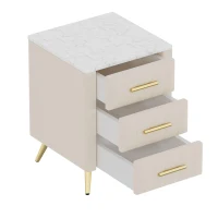 Upholstered Nightstand with 3 Drawers, Marble-Effect Top and Metal Legs, Beige Beside Table with Plywood Frame, 16.5'' L x 16.5'' W x 22'' H, Beige(m-9)