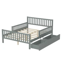 Full Size Wood Platform Bed with 2 Under-Bed Storage Drawers, Solid Bed Frame with Guardrails on Both Sides, 77.5'' L x 57.5'' W x 34.5'' H, Grey(m-9)