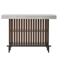 3-In-1 Dining Table with Marble-Grain MDF Top, Space-Saving Bar Table with Metal Footrest, 63" L x 15.5" W x 41" H, Brown(m-2)