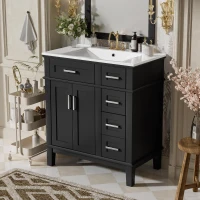 Free-Standing Bathroom Vanity with Ceramic Undermount/Drop-In Sink, Modern Storage Cabinet for Small Condos, 30'' L x 18'' W x 34'' H, Black(m-1)