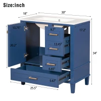 Free-Standing Bathroom Vanity with Ceramic Sink Combo, Modern Cabinet with Solid Wood Frame, 30'' L x 18.5'' W x 34'' H, Blue(m-3)