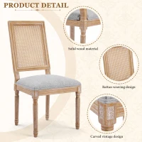 Set for 2 Dining Chair with Rectangular Cane Backrest and Padded Seat, Cane Back Dining Chairs with Fluted Legs, 20'' L x 22'' W x 39.5'' H, Light Grey(m-4)