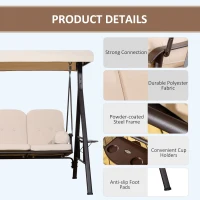 Outsunny 3 Seater Heavy Duty Swing Chair Outdoor Lounge Hammock Cushioned Seat W/ Tilt Canopy, Beige(m-5)