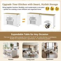 Expandable Bar Table with Adjustable Shelves and Rear Casters, Versatile Kitchen Counter with 2 Doors, 87.5″ L x 19.5″ W x 36″ H, White+Natural(m-8)