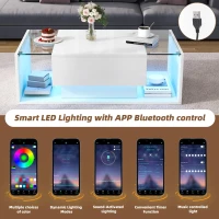 High-Gloss Coffee Table with Tempered Glass Storage, Compact Center Table with Semi-Open Shelf, 39.5″ L x 19.5″ W x 12″ H, White(m-6)