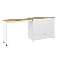 Expandable Bar Table with Adjustable Shelves and Rear Casters, Versatile Kitchen Counter with 2 Doors, 87.5″ L x 19.5″ W x 36″ H, White+Natural(m-14)