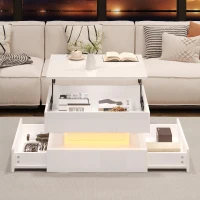 Lift-Top Coffee Table with App-Controlled LED Lighting and Liftable Top, Compact Center Table with 2 Drawers, 25.5" L x 25.5" W x 15" H, White(m-1)