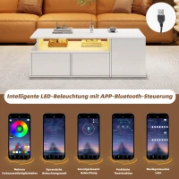 High-Gloss LED Coffee Table with App-Controlled Colour Light Strip, Functional Center Table with Open Storage, 39.5" L x 19.5" W x 13.5" H, White(m-6)
