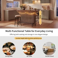 3-In-1 Dining Table with Marble-Grain MDF Top, Space-Saving Bar Table with Metal Footrest, 63" L x 15.5" W x 41" H, Grey(m-6)