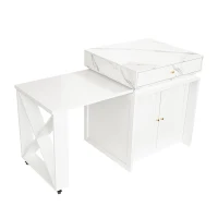 Modern Bar Table with 4-in-1 Extendable Pull-Out Table and Lockable Wheels, Kitchen Island with Adjustable Shelf, 82.5" L x 32.5" W x 28" H, White(m-15)