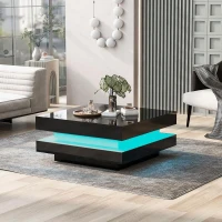 Square High-Gloss Coffee Table with App-Controlled LED Lighting, Modern Center Table with Double-Layer Storage, 27.5" L x 27.5" W x 14" H, Black(m-9)