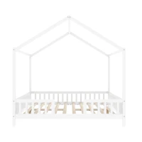 Full-Size Montessori Floor Bed with Canopy and Sturdy Pine, House-Style Platform Bed for Kids' Rooms, 78.5'' L x 56.5'' W x 78'' H, White(m-2)