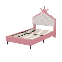 Twin Princess Platform Bed with Crown-Shaped Tufted Headboard, Crown Fantasy Bed Frame with Plywood Frame, 77.5'' L x 41'' W x 48.5'' H, Pink(m-9)