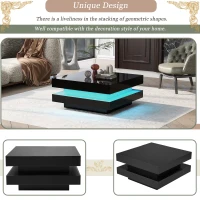 Square High-Gloss Coffee Table with App-Controlled LED Lighting, Modern Center Table with Double-Layer Storage, 27.5" L x 27.5" W x 14" H, Black(m-5)