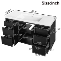 Stylish Bathroom Vanity with 2 Doors & 6 Hidden Soft-Close Drawers, Elegant Vanity Cabinet with SMC Resin Sink, 47'' L x 19.5'' W x 34'' H, Black(m-3)