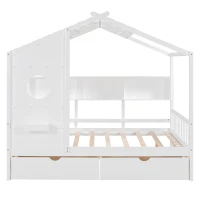 Full Size House Bed with Playful Pitched-Roof and Back Shelf, Wooden House Bed Frame with Sturdy Pine, 78'' L x 58'' W x 72'' H, White(m-2)