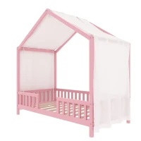 Twin-Size House-Style Toddler Bed Frame with 4-Sided High Railings, Montessori Floor Bed with Canopy, 78.5'' L x 41.5'' W x 78'' H, Pink(m-9)