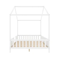 Full-Size Montessori Floor Bed with Canopy and Sturdy Pine, House-Style Platform Bed for Kids' Rooms, 78.5'' L x 56.5'' W x 78'' H, White(m-12)