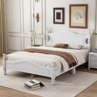 Full Size Platform Bed with 10 Plywood Slats and Wood-Finished Headboard, Retro-Style Bed Frame with Plywood, 80'' L x 56'' W x 39.5'' H, White