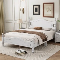Full Size Platform Bed with 10 Plywood Slats and Wood-Finished Headboard, Retro-Style Bed Frame with Plywood, 80'' L x 56'' W x 39.5'' H, White(m-1)