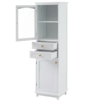 Tall Bathroom Storage Cabinet with Glass Doors, Free-Standing with Adjustable Shelves and Drawers, 18" L x 14" W x 63" H, White(m-15)