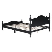 Queen Size Platform Bed with Retro Headboard and 10 Plywood Slats, Durable Bed Frame with Plywood Construction, 85'' L x 62.5'' W x 39.5'' H, Black(m-13)