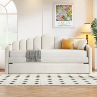 Twin Upholstered Daybed with Trundle and 2 USB Charging Ports, Velvet Sofa Bed with Side Storage Pockets, 80'' L x 42'' W x 40'' H, Beige(m-4)