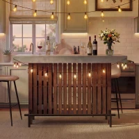 3-In-1 Dining Table with Marble-Grain MDF Top, Space-Saving Bar Table with Metal Footrest, 63" L x 15.5" W x 41" H, Brown(m-8)