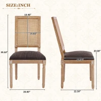 Set for 2 Dining Chairs with Rectangular Cane Backrest and Padded Seat, Cane Back Dining Seating with Fluted Legs, 20'' L x 22'' W x 39.5'' H, Brown(m-3)