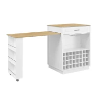 Stylish Mobile Bar Table with Extendable Countertop, Spacious Kitchen Counter with Storage Shelf, 73″ L x 27.5″ W x 41.5″ H, White+Natural(m-14)