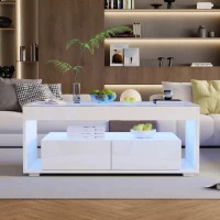 High-Gloss Coffee Table with App-Controlled RGB LED Strip, Spacious Center Table with Open Double-Layer Storage, 39.5" L x 19.5" W x 15.5" H, White(m-7)