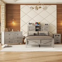 3-Piece Full Size Bedroom Set with Storage Headboard, Farmhouse Platform Bed Set with Charging Station, 83.5" L X 56.5" W X 40.5'' H, Antique Gray(m-8)