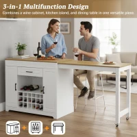 Expandable Bar Table with Adjustable Shelves and Rear Casters, Versatile Kitchen Counter with 2 Doors, 87.5″ L x 19.5″ W x 36″ H, White+Natural(m-5)