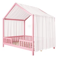 Montessori Full-Size House-Shaped Bed with Lightweight Polyester Canopy, Soft Pink Platform Bed for Child’s Room, 78.5'' L x 56.5'' W x 78'' H, Pink(m-9)