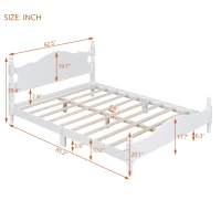 Queen Size Wood Platform Bed with Retro Headboard and 10 Slats, White Wood-Finished Bed Frame with Plywood, 85'' L x 62.5'' W x 39.5'' H, White(m-3)