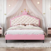 Full Size Princess Platform Bed with Crown-Tufted Headboard, Sturdy Bed Frame for Kid-Friendly Bedrooms, 77.5'' L x 56'' W x 48.5'' H, Pink(m-4)