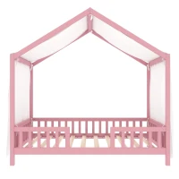 Twin-Size House-Style Toddler Bed Frame with 4-Sided High Railings, Montessori Floor Bed with Canopy, 78.5'' L x 41.5'' W x 78'' H, Pink(m-2)