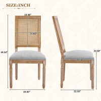 Set for 2 Dining Chair with Rectangular Cane Backrest and Padded Seat, Cane Back Dining Chairs with Fluted Legs, 20'' L x 22'' W x 39.5'' H, Light Grey(m-3)