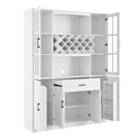 Tall Wine Cabinet with Wine Rack and Stemware Holder, 4-Door Storage Cabinet with Semi-Open Shelf, 52" L x 15.5" W x 74" H, White(m-15)