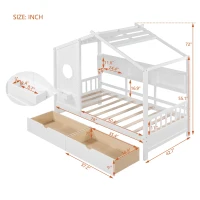 Kids Twin Size House Bed with 2 Storage Drawers and Rear Shelf, House-Style Kids Bed Frame with Plywood and MDF, 78'' L x 42.5'' W x 72'' H, White(m-3)