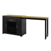 Expandable Bar Table with Adjustable Shelves and Rear Casters, Versatile Kitchen Counter with 2 Doors, 87.5″ L x 19.5″ W x 36″ H, Black+Natural(m-15)
