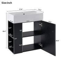 Modern Floating Bathroom Vanity with Ceramic Basin and Side Storage, Cabinet with Rose Golden Handle, 21.5" L x 12" W x 26.5" H, Black(m-3)
