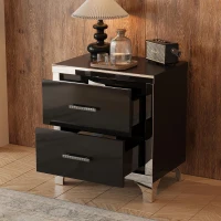 Elegant High Gloss Nightstand with Mirrored Front and 2 Drawers, Stylish Bedside Table for Large Bedrooms, 22.5'' L x 15.5'' W x 23.5'' H, Black(m-5)