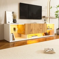 3-Tier TV Stand with App-Controlled LED Lighting and Glass Shelves, Sturdy TV Cabinet with 2 Drawers, 63" L x 15.5" W x 16.5" H, White+Natural(m-6)