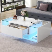 High-Gloss Coffee Table with Tempered Glass Storage, Compact Center Table with Semi-Open Shelf, 39.5″ L x 19.5″ W x 12″ H, White(m-7)
