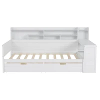 Full Size Daybed with 2 Large Drawers and Built-In Study Desk, Space-Saving Guest Bed with Side Storage Shelves, 91.5'' L x 65'' W x 45'' H, Antique White(m-14)