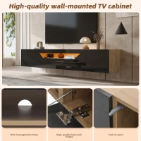 Wall-Mounted TV Cabinet with High-Gloss Front, 3-Tier Storage TV Stand with Fold-Down Flap Door, 65" L x 14.5" W x 14" H, Black+Natural(m-5)