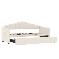 Upholstered Twin Size Daybed with Height-Adjustable Pop-Up Trundle, Lift-Up Trundle Bed with Type-C Charging Port, 82.5'' L x 41'' W x 40'' H, Beige(m-10)