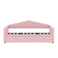 Twin-Size Upholstered Daybed with Height-Adjustable Pop-Up Trundle, Space-Saving Trundle Bed with 2 Side Pockets, 82.5'' L x 41'' W x 40'' H, Pink(m-8)
